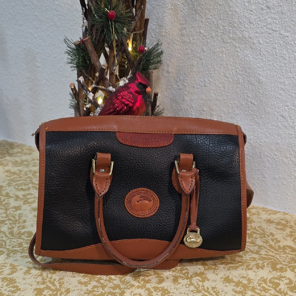 vintage Dooney & Bourke All-Weather Leather satchel handbag in black with tan